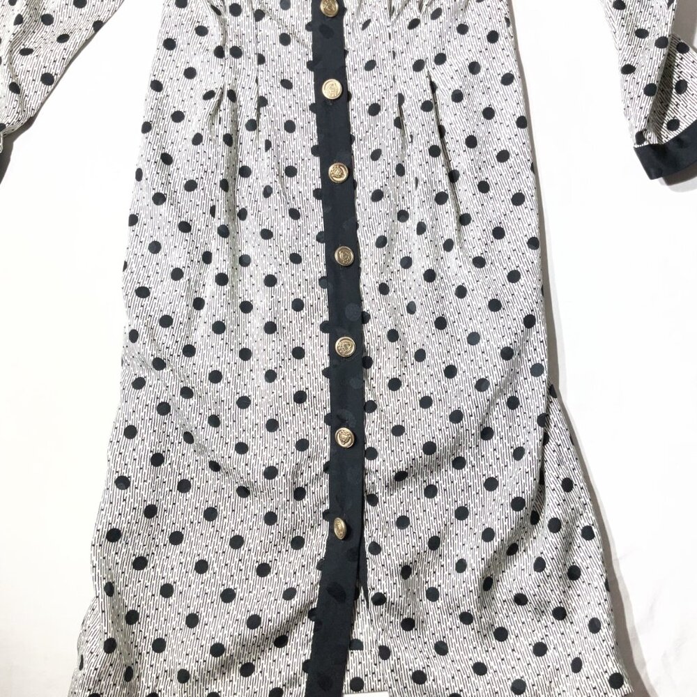 Vintage-Inspired Black & White Polka Dot Midi Dress With Gold Buttons & Bow Deta - Picture 10 of 15